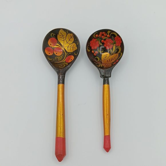 Vintage Khokhloma Russian Wooden Lacquer Hand Painted Spoons - Picture 1 of 7